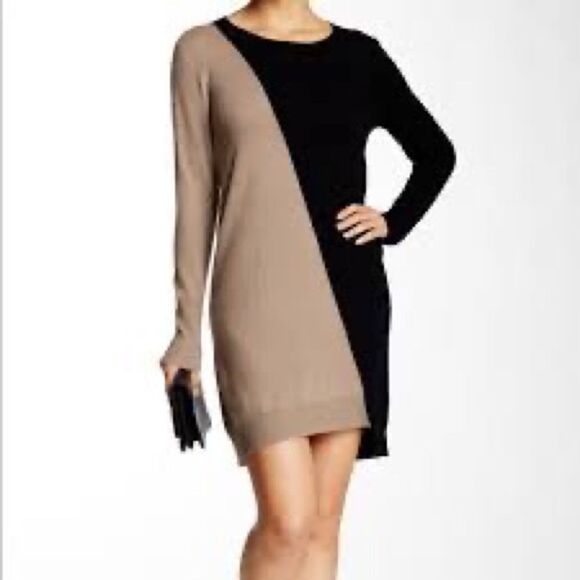 360 Cashmere Luxurious Tan Black Color Block Assymetrical Sweater Dress Sz L - Picture 1 of 6